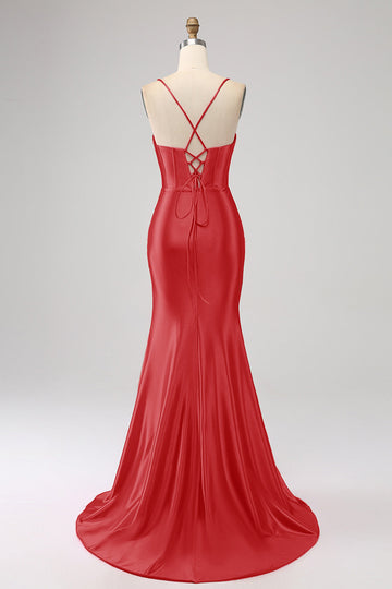 Splendida sirena rossa Spalline sottili Corsetto Abito da ballo con spacco anteriore
